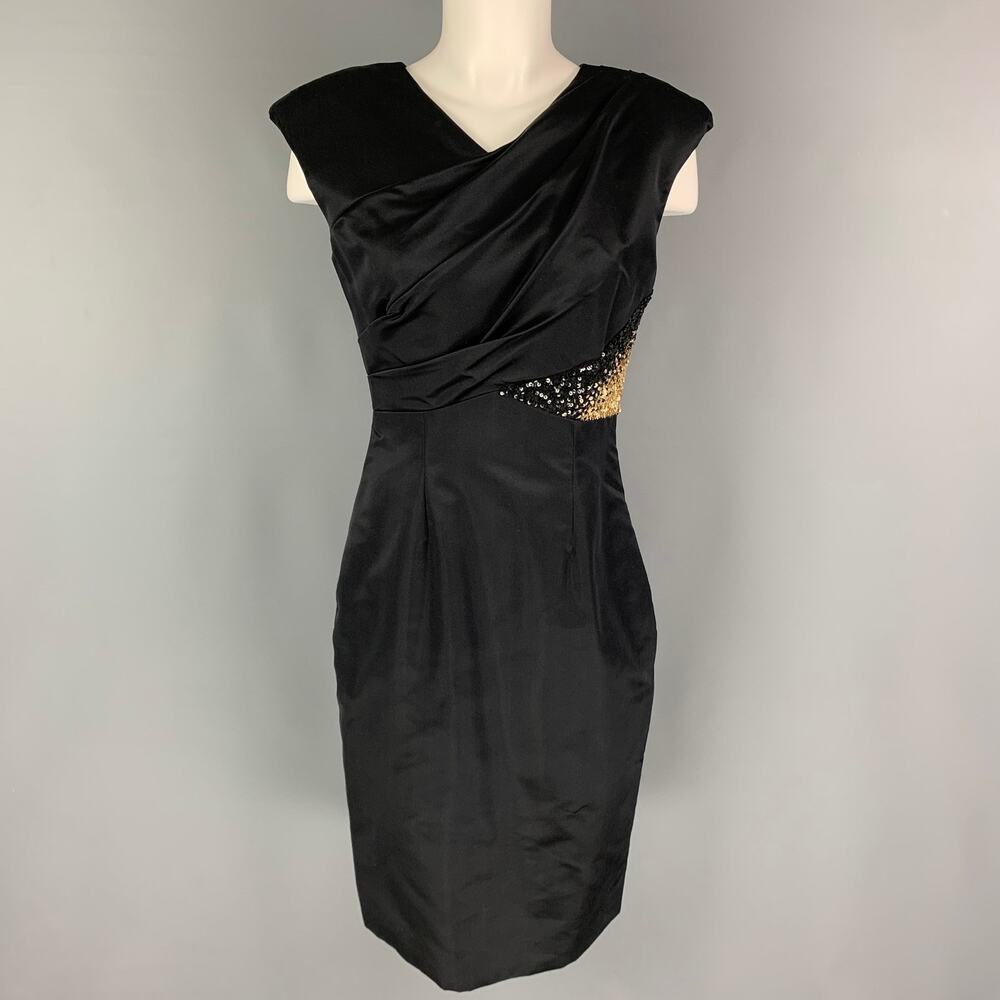 MONIQUE LHUILLIER Size 4 Black Gold Silk Rayon Sequined Cocktail Dress - Picture 1 of 7